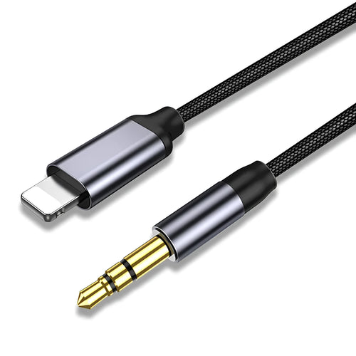 Nylon braided audio cable with headphone and car adapter connectors in silver colour