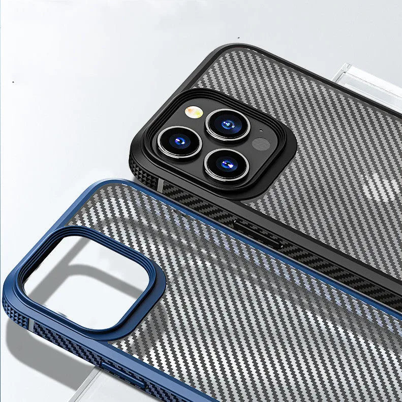 Black and blue iPhone 13 series protective phone cases with a carbon fibre pattern texture.