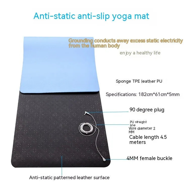 Blue conductive grounding yoga mat with plant pattern and grounding wire, size 182x61cm.