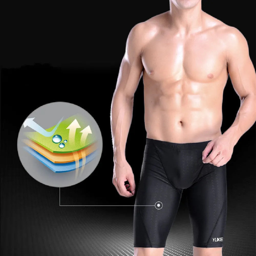 Men's five-piece swimming set showing black trunks, goggles, cap, ear plugs, nose clip, and carry bag.