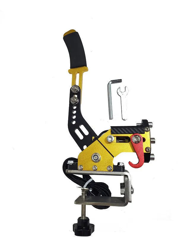 USB linear handbrake for PC racing simulators with aluminium clamp mounted on a wheel base.
