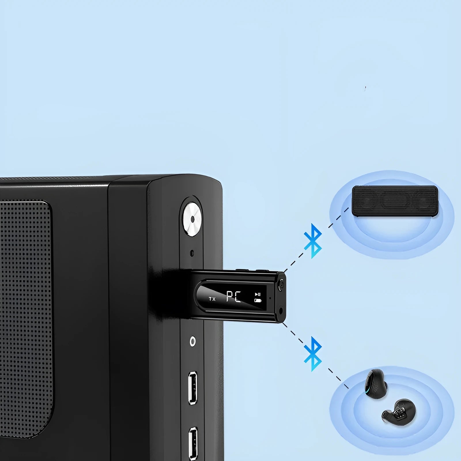 Black USB car FM Bluetooth receiver with Bluetooth 5.0 for wireless audio playback.