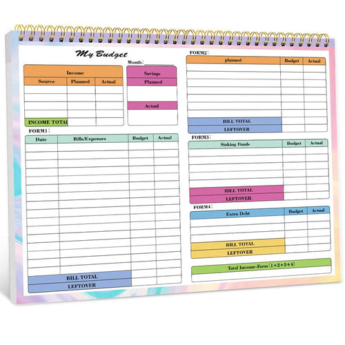 B5 size spiral-bound budget tally book with a blue PP cover, open to show lined pages for income and expense tracking.
