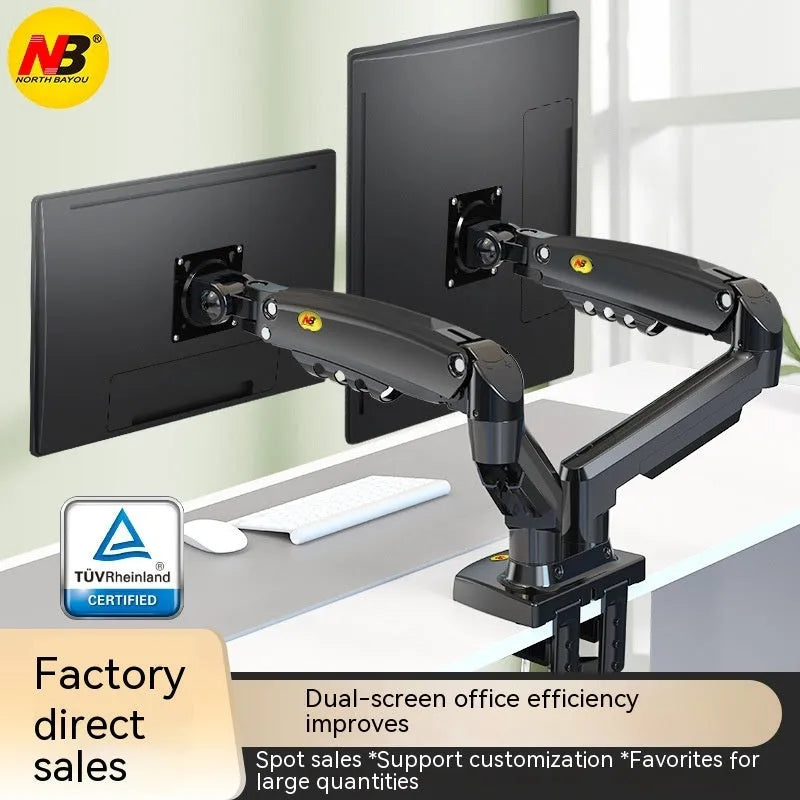 Dual screen monitor lifting bracket made of aluminium and black ABS plastic, showing VESA mount compatibility.