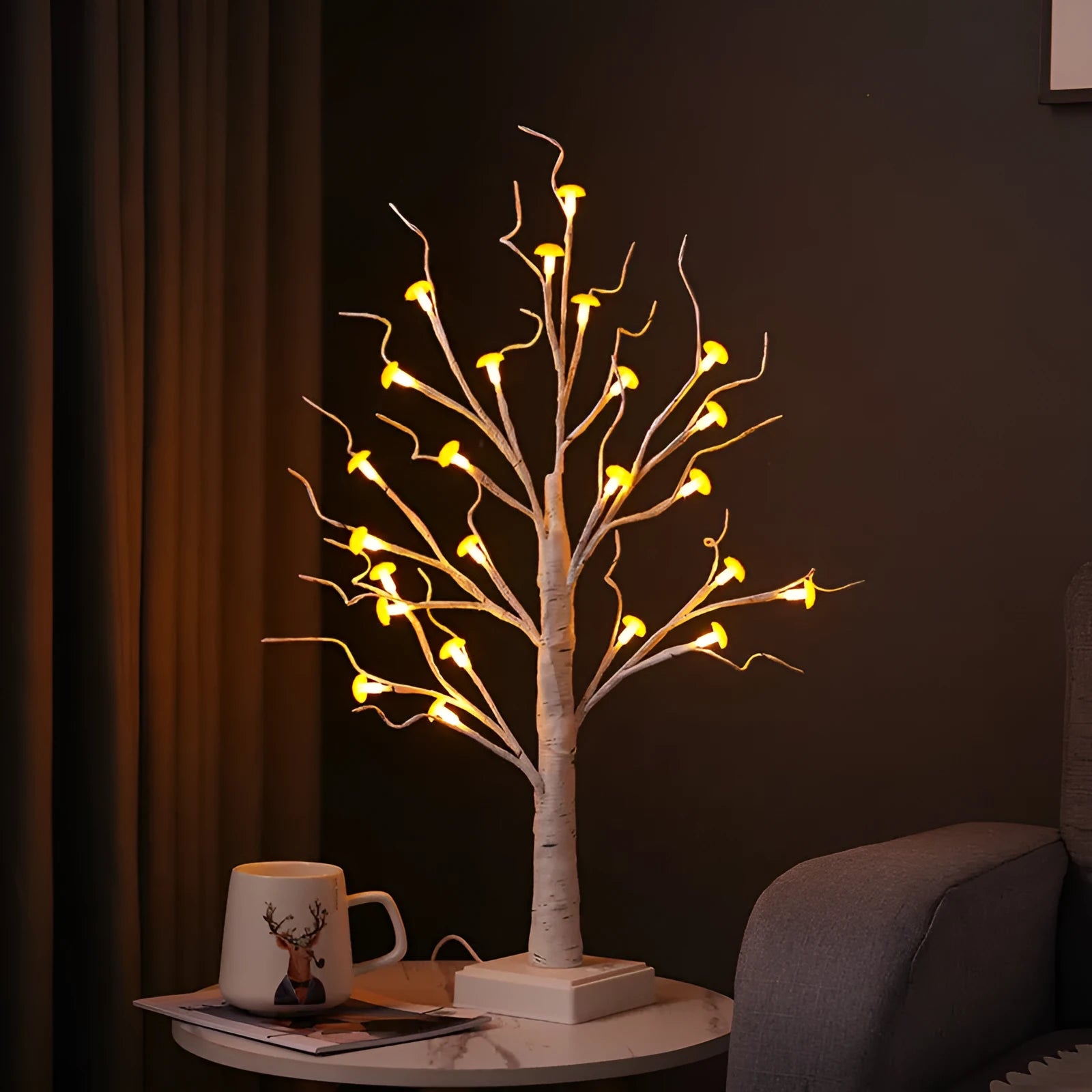 60cm tall birch tree LED lamp with 24 mushroom flowers, warm light, detachable base