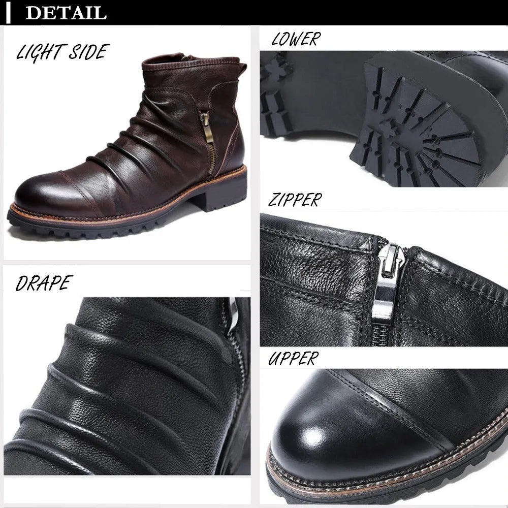 Black and brown mid-calf cowboy boots with a side zipper, round toe, and horseshoe heel