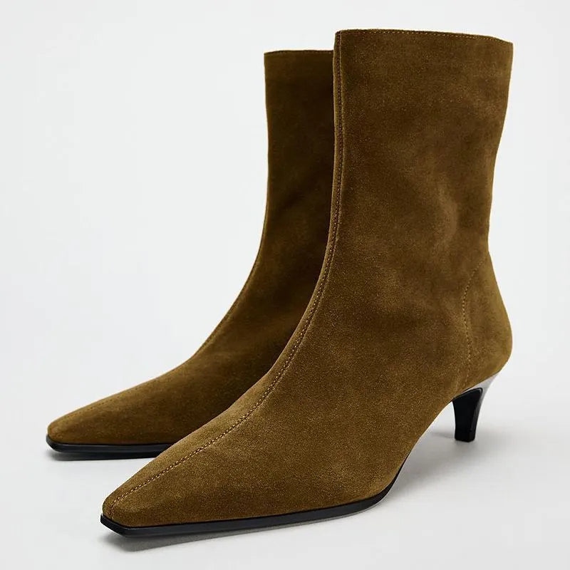 Brown women's square toe mid-calf boots with a side zip and a stiletto kitten heel on a waterproof platform sole.