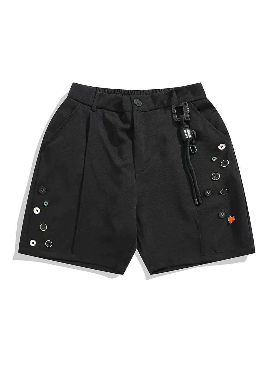 Black men's loose semi-elastic shorts with a colour button and zip fly, straight-leg above-the-knee length.