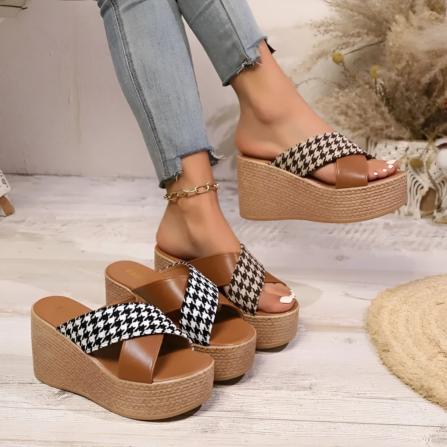 Brown and black cross leopard plaid wedge sandals with rubber sole