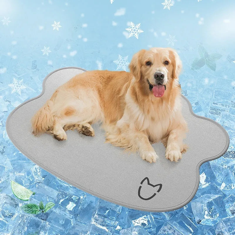 Ice Silk cooling mat for dogs in light grey with a dog head pattern, showing non-slip base.