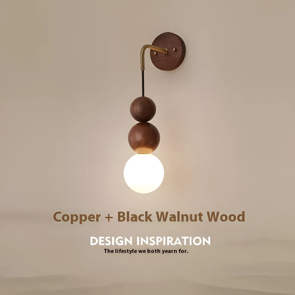 Natural walnut wooden wall suspension lamp with copper accents and tri-colour lighting