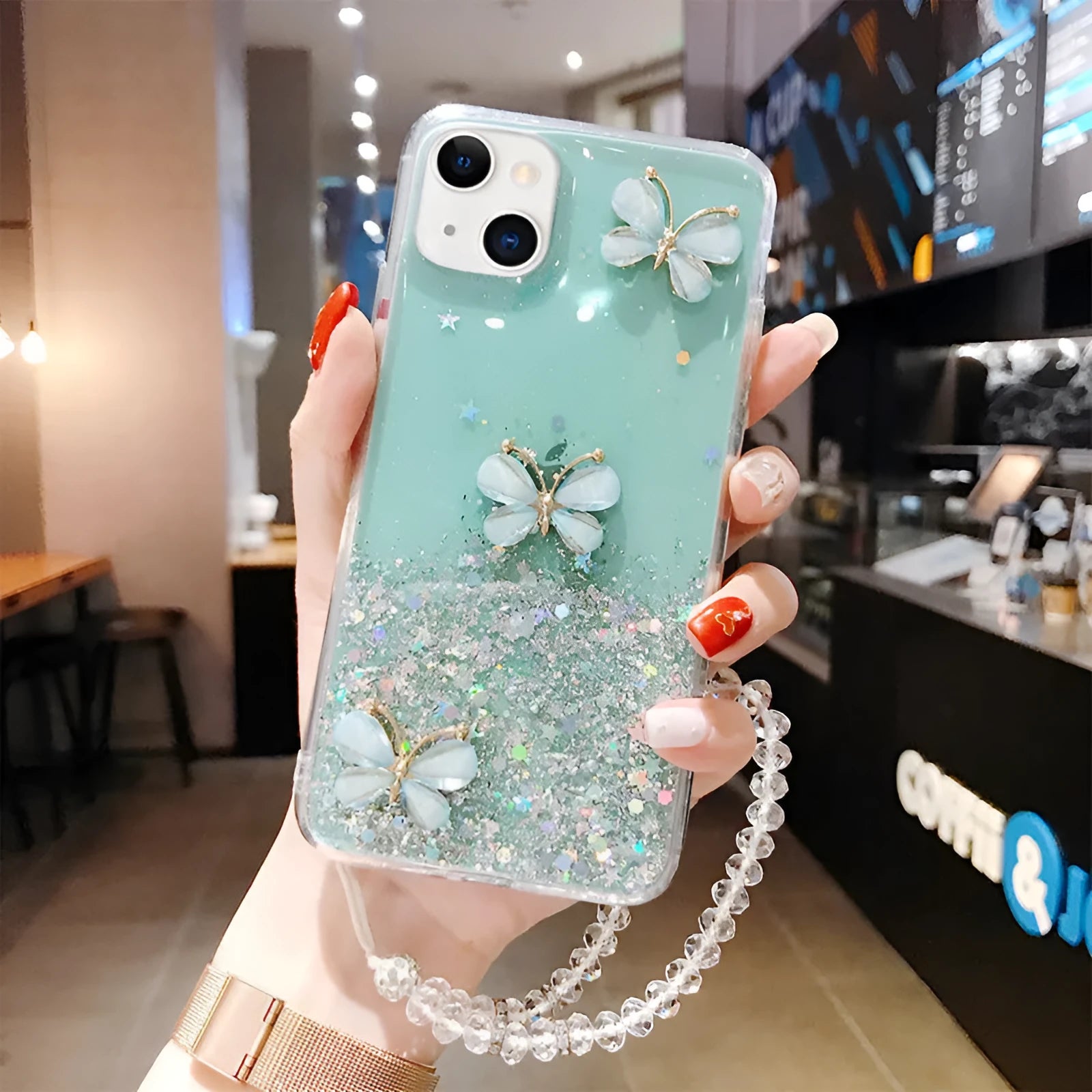 Flash three butterflies pink glitter epoxy silicone phone case for Samsung