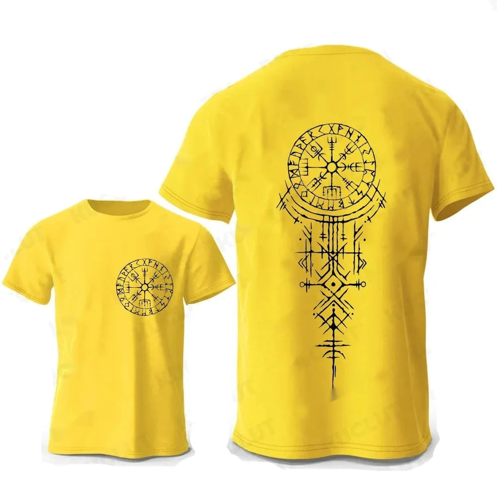 Men's grey T-shirt with a white Viking rune compass graphic on the chest