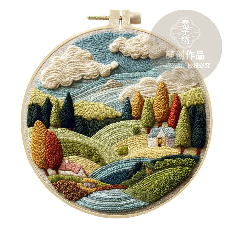 Landscape embroidery DIY kit with cotton linen fabric, 15cm imitation bamboo frame, and embroidery tools
