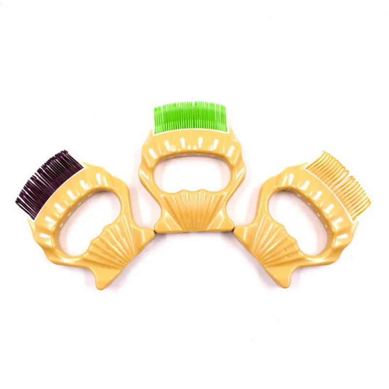 Shell-shaped plastic pet grooming brush with bent wire bristles, anti-slip handle in green colour