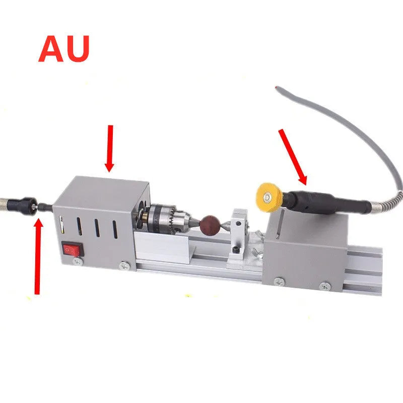 Mini metal silver woodworking lathe with carving knives and accessories for small craft projects
