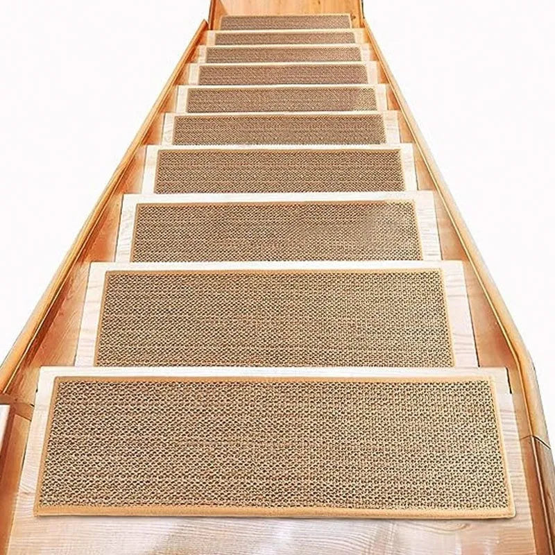 Japanese-style linen-look stair mat with non-slip rubber bottom measuring 20x76cm in camel colour
