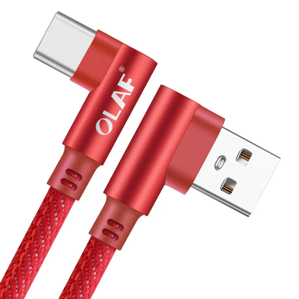 USB fast charging cable with denim fabric sleeve, showing Android and Type C connector options in red colour.