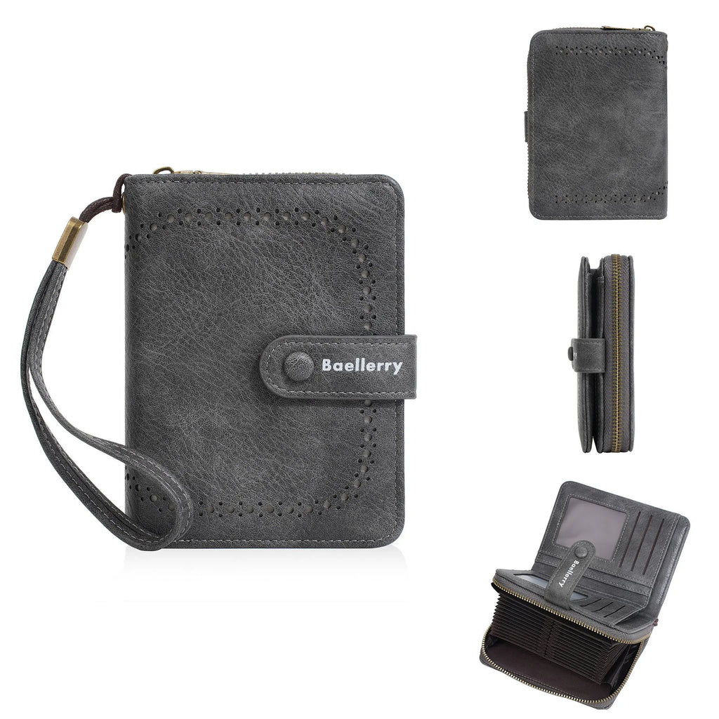 Women's black PU leather zipper coin purse with integrated card holder slots.