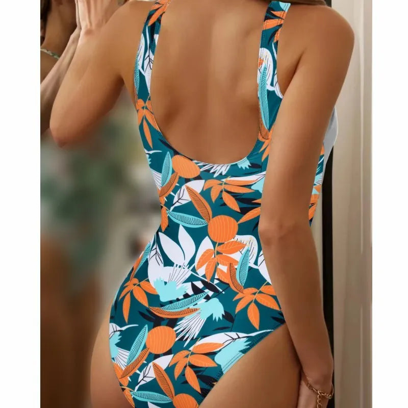 Women's high-waist printed one-piece bikini swimsuit in polyester fabric