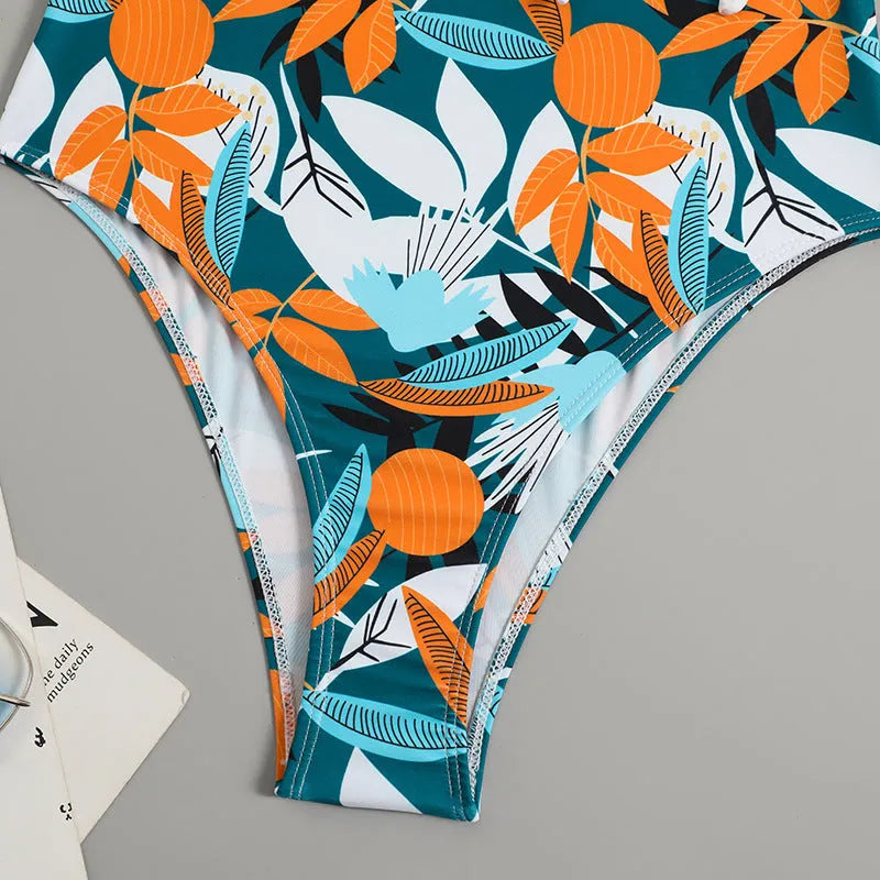 Women's high-waist printed one-piece bikini swimsuit in polyester fabric