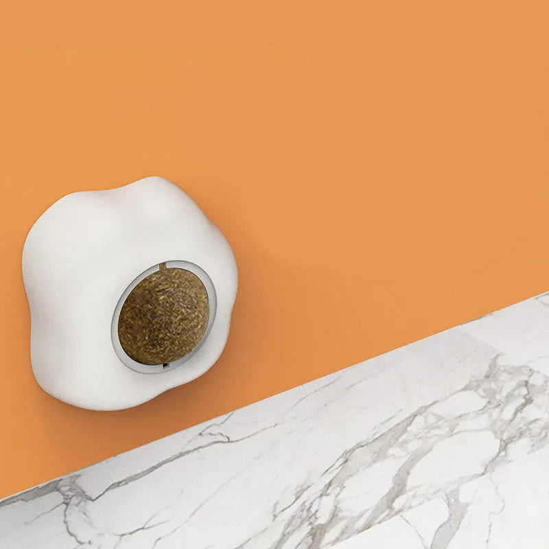 Organic catnip ball toy in fried egg and poached egg designs with wall mount capability