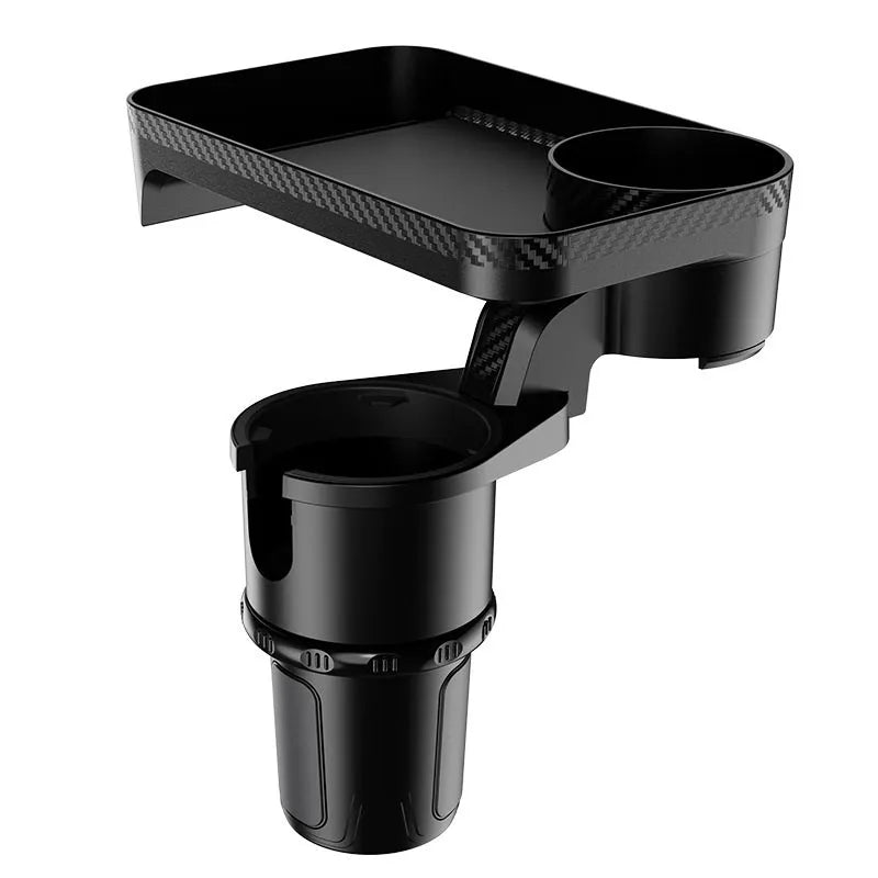 Black ABS plastic 360-degree rotating car dinner tray holder mounted in a vehicle cup holder.