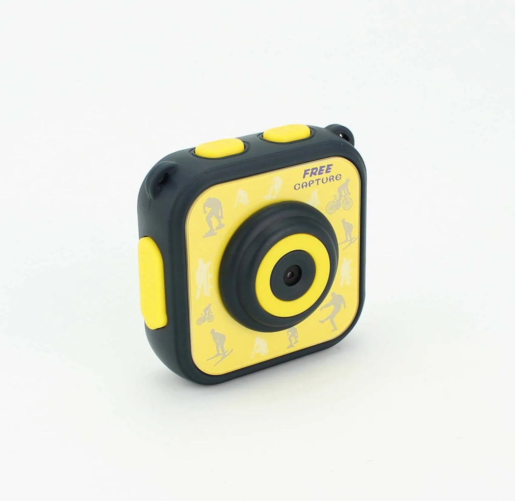 Yellow children's waterproof sports camera with 1.77-inch screen showing HD recording interface
