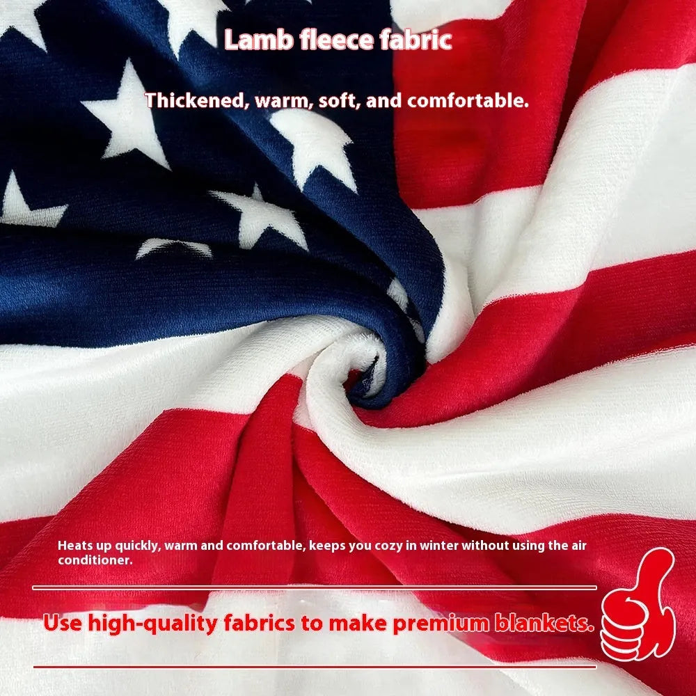 Striped American-style polyester blanket folded, showing size options for autumn and winter warmth.