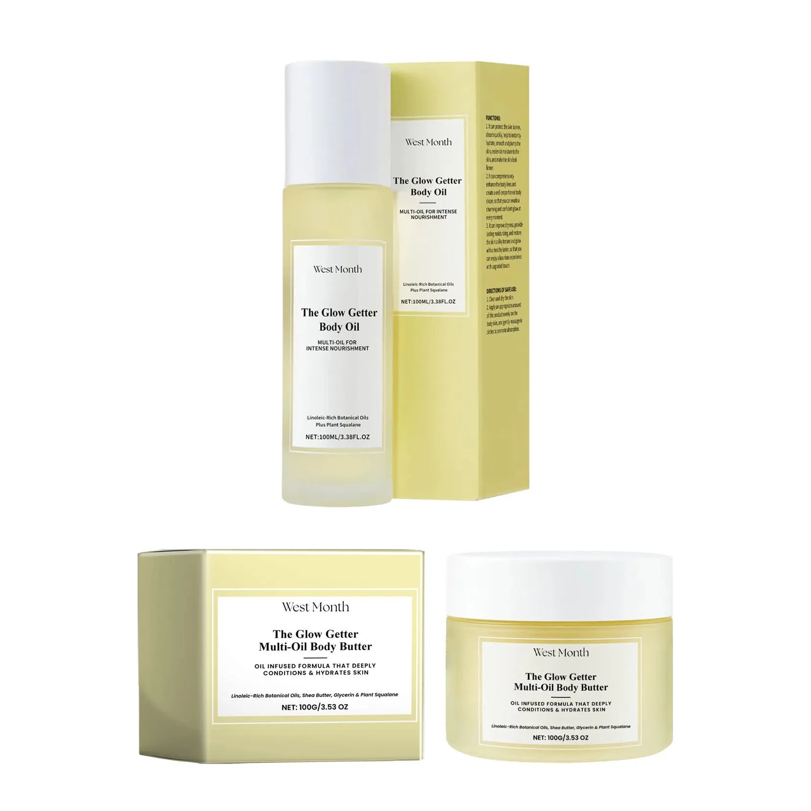Body care set with skincare oil and moisturising cream for nourishing firming massage treatment