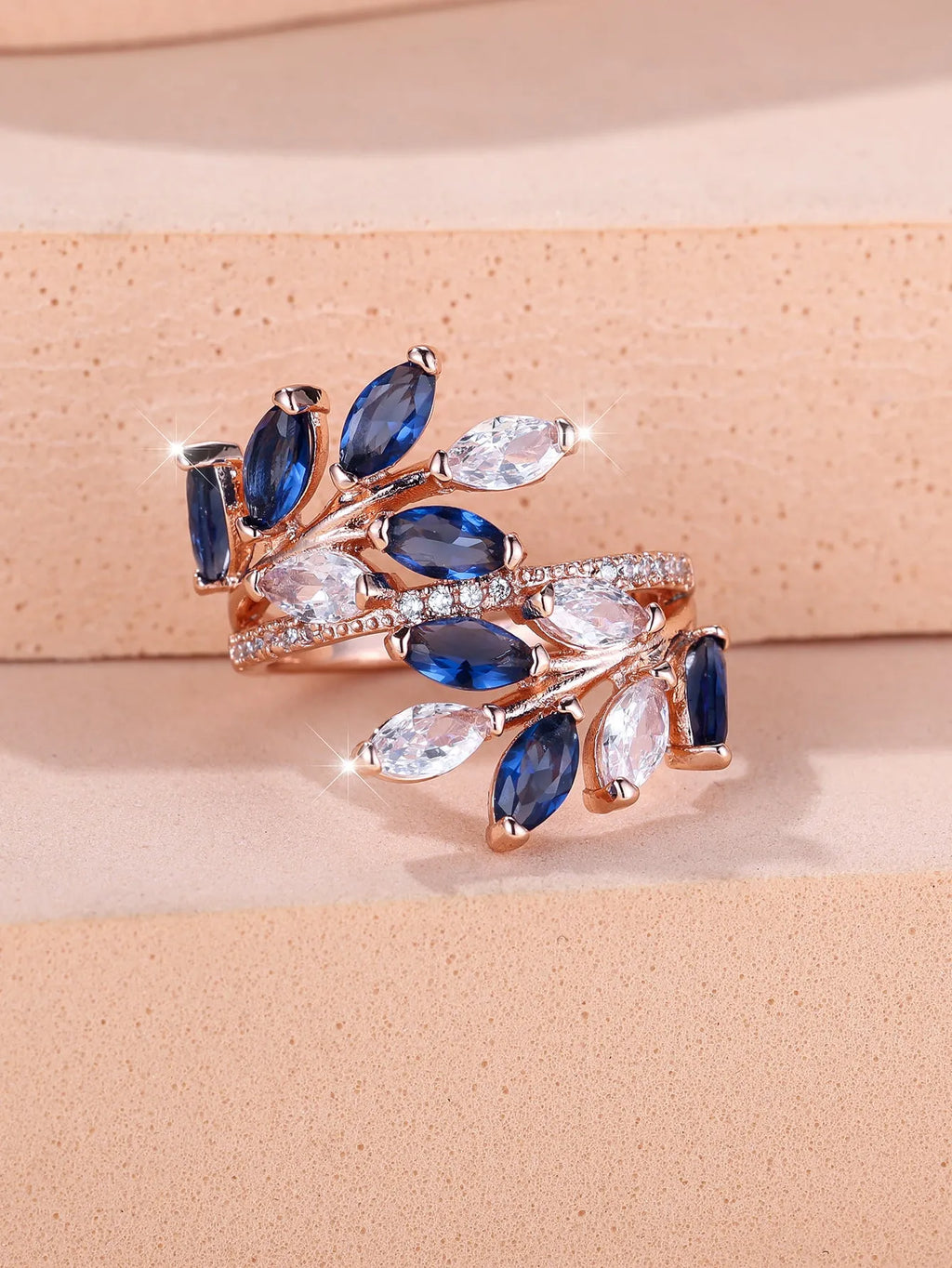 Adjustable horse eye zircon leaf fashion ring in copper with multiple colour options