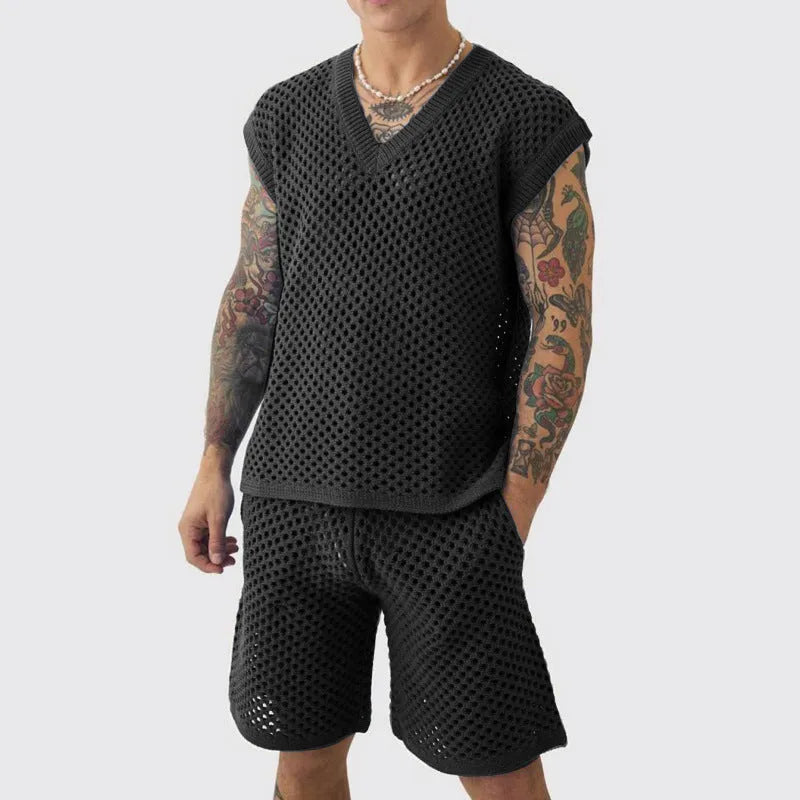 Men's blue knitted V-neck vest and shorts summer sports suit set