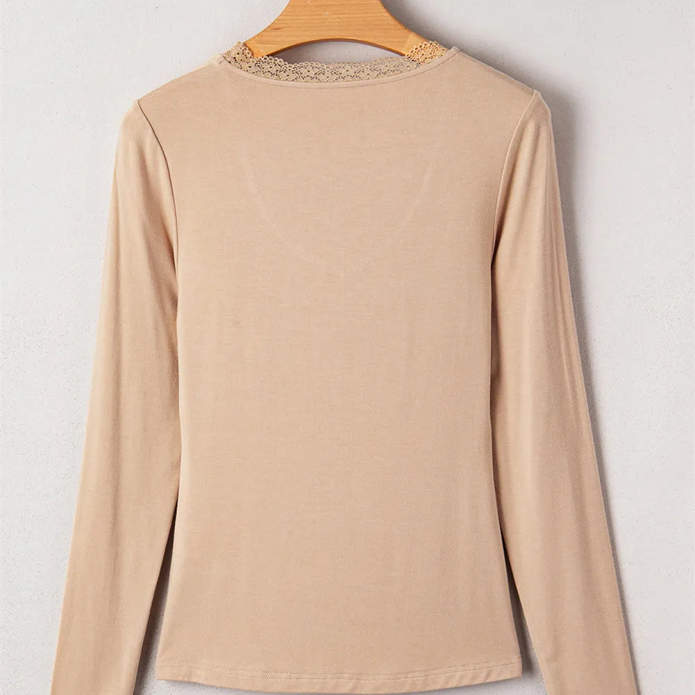 Women's red long sleeve casual top with lace trim detail and slim fit silhouette