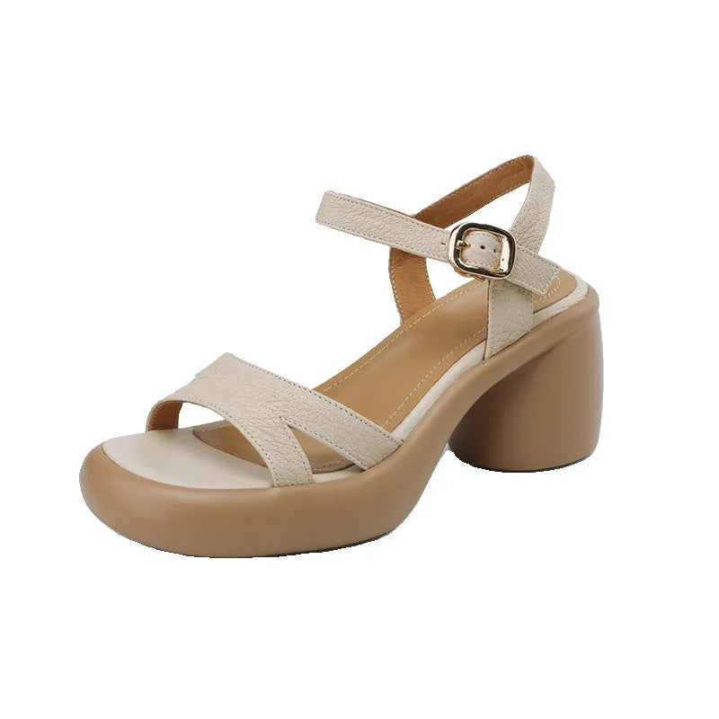 Women's open toe platform sandals in apricot colour with adjustable rounded toe holders