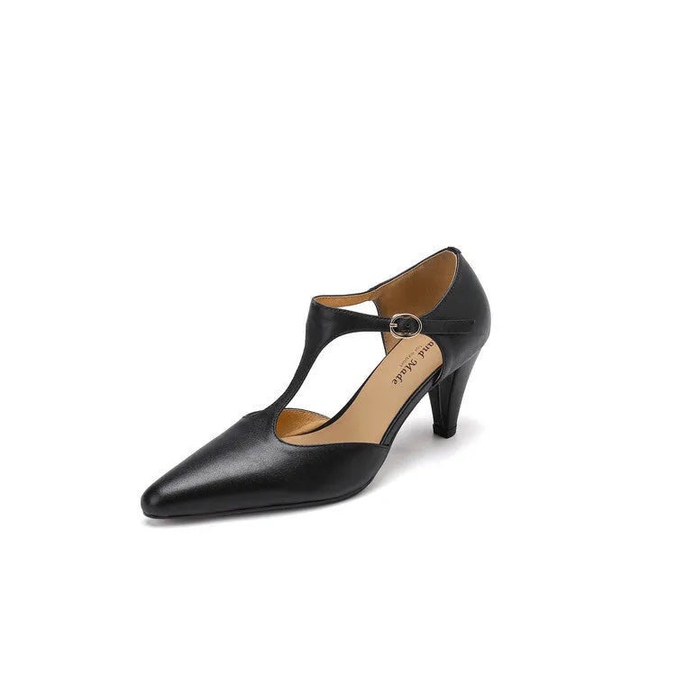 Brown women's retro sandals with a T-strap buckle and a short stout heel.
