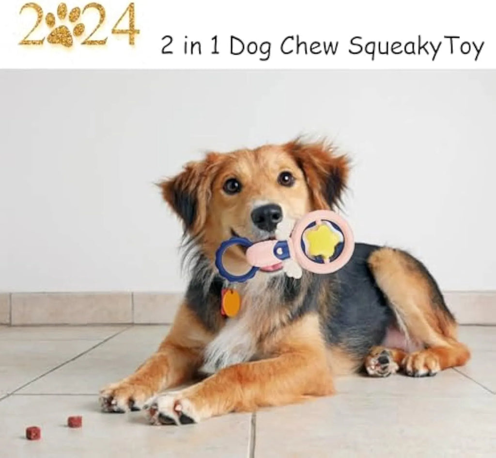 Pink durable dog chew toy with squeaker for large breeds, showing dental cleaning texture and anti-swallow ring design