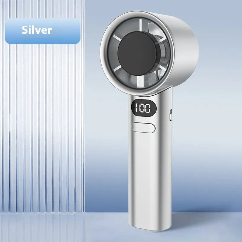 A white USB rechargeable handheld fan with 6 plastic blades, showing variable speed control and a compact design.