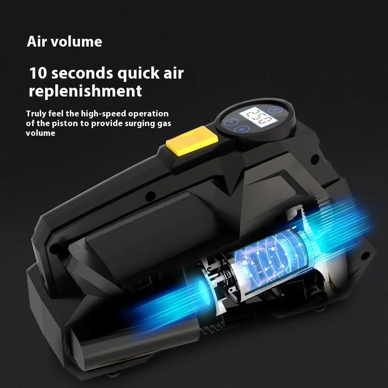 Black portable tyre inflator with digital display and LED light, powered by 12V car socket.