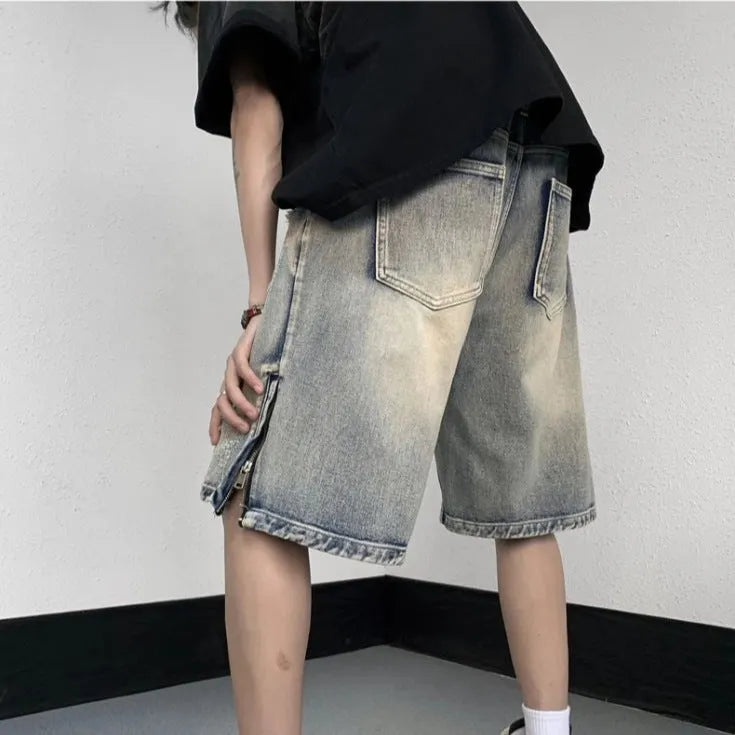 Blue wide-leg retro denim shorts on a neutral background