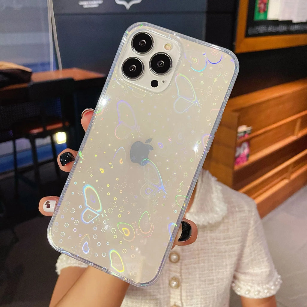 Transparent silicone iPhone case with laser-etched colourful love and butterfly design