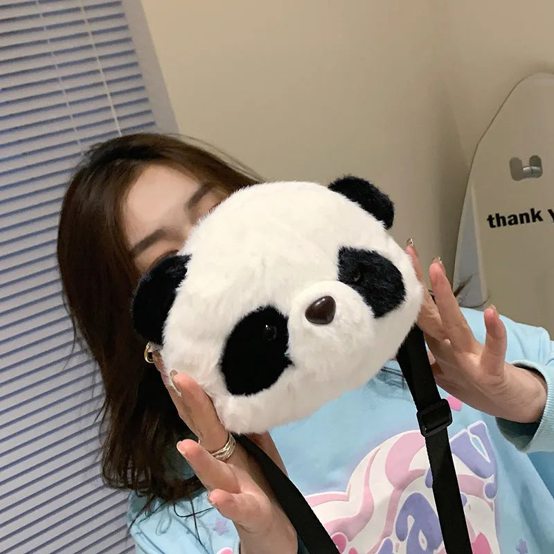 Plush panda head design crossbody shoulder bag with soft cylindrical shape