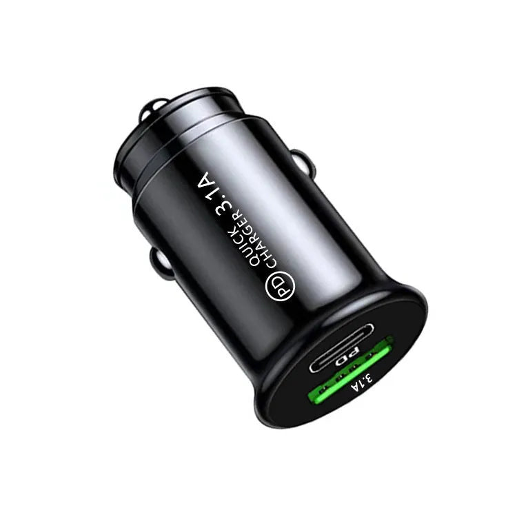 Dual USB port car charger with bare metal housing in black or white finish for 12V vehicle socket charging