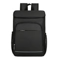 Large black outdoor backpack with curved shoulder straps showing expansion compartments for thermal picnic storage