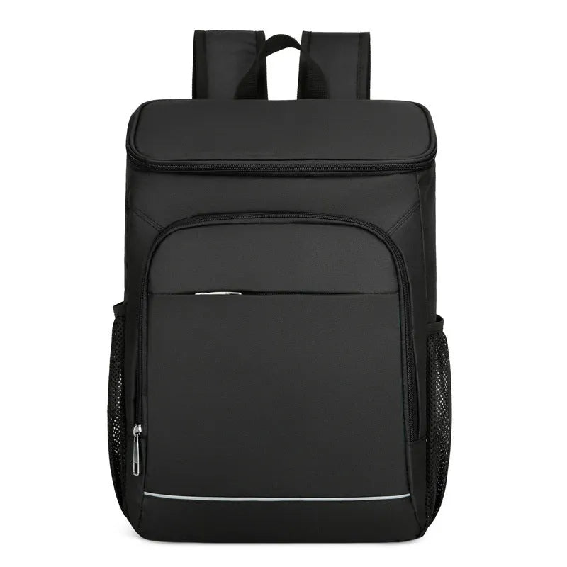 Large black outdoor backpack with curved shoulder straps showing expansion compartments for thermal picnic storage