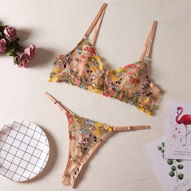Floral mesh bra set with steel ring T-back and 3/4 cup design in multiple colours.