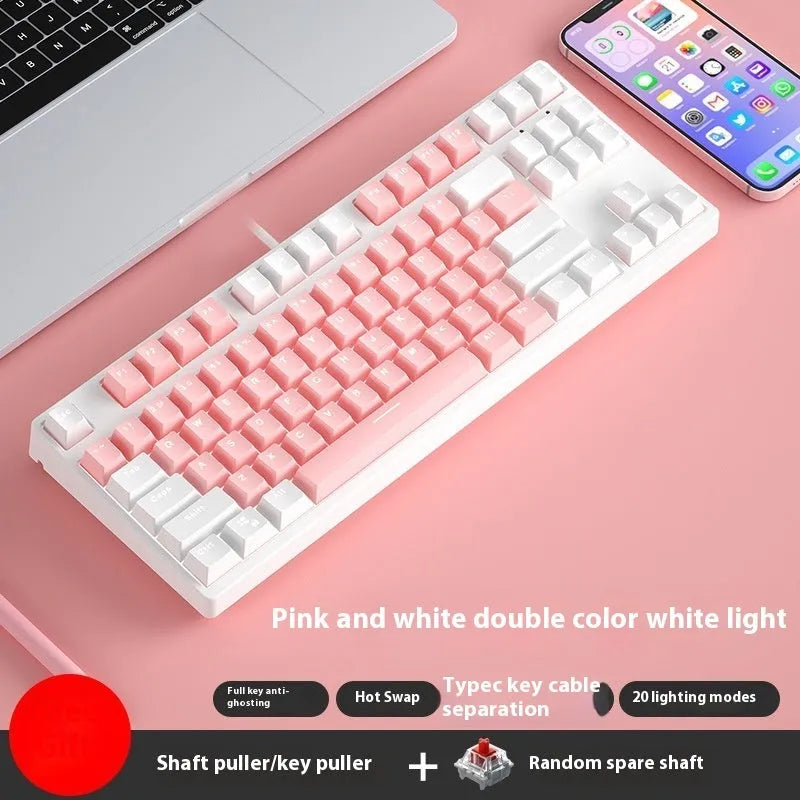 87-key wired mechanical gaming keyboard with hot-swappable switches shown in a two-tone colour scheme on a metal chassis.