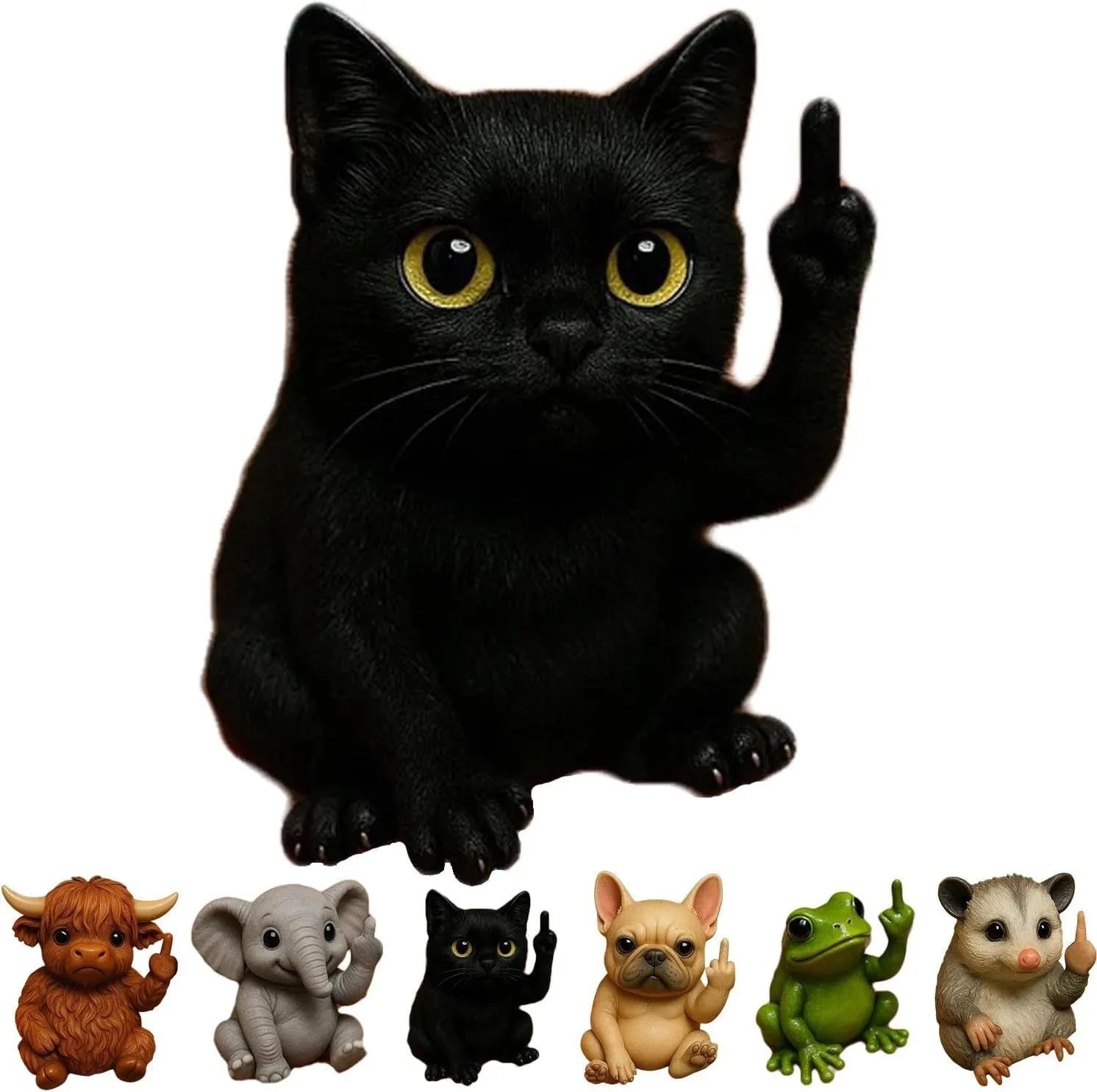 Mini resin animal doll making a middle finger gesture, available in cat, dog, elephant, frog, Highland cattle, mouse, and turtle styles.