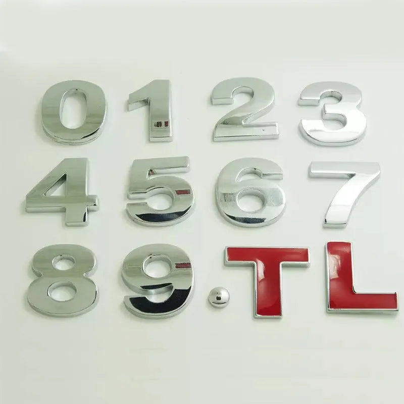 3D metal car bumper sticker showing zinc alloy English letter with black finish, approximately 2.5cm in size