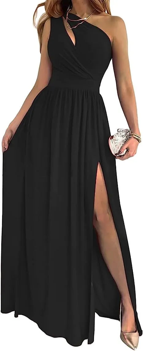 Women's one shoulder sleeveless maxi dress with cutout and high side split in soft fabric.