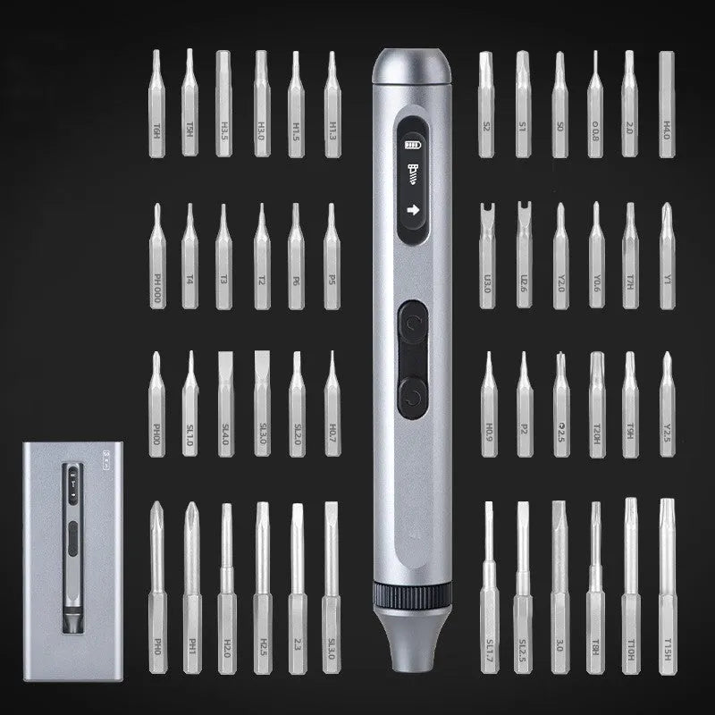Aluminium alloy precision electric screwdriver showing compact design and charging port.